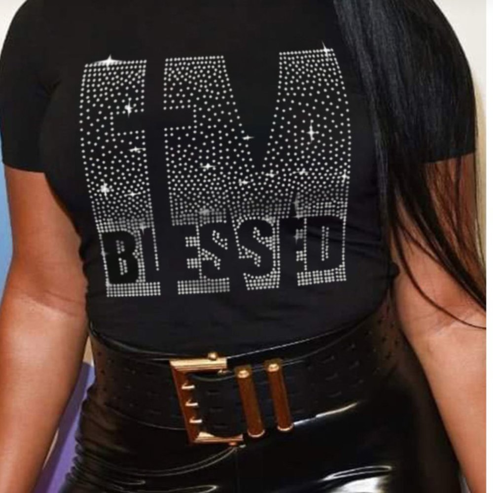 NEW Rhinestone "I'm Blessed" Decor T-shirt, Size 14-16